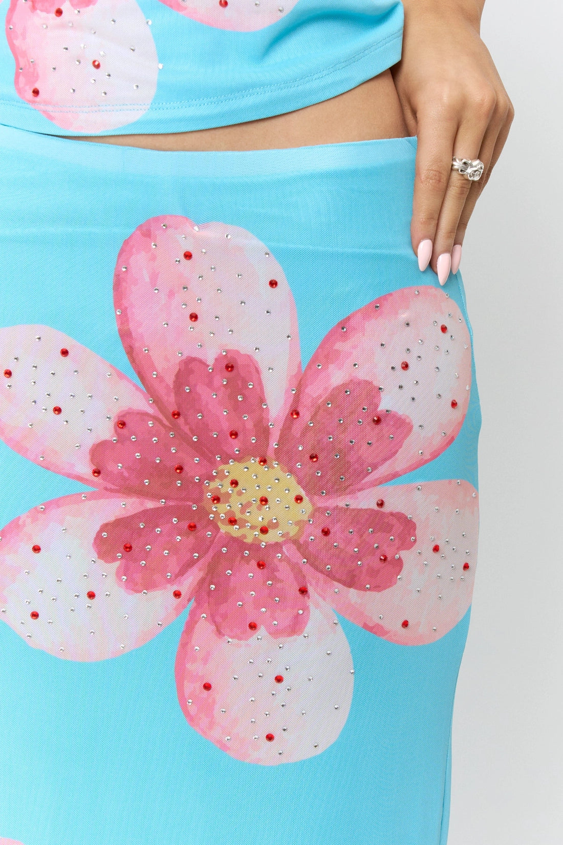 Mesh Floral Rhinestone Cami & Skirt