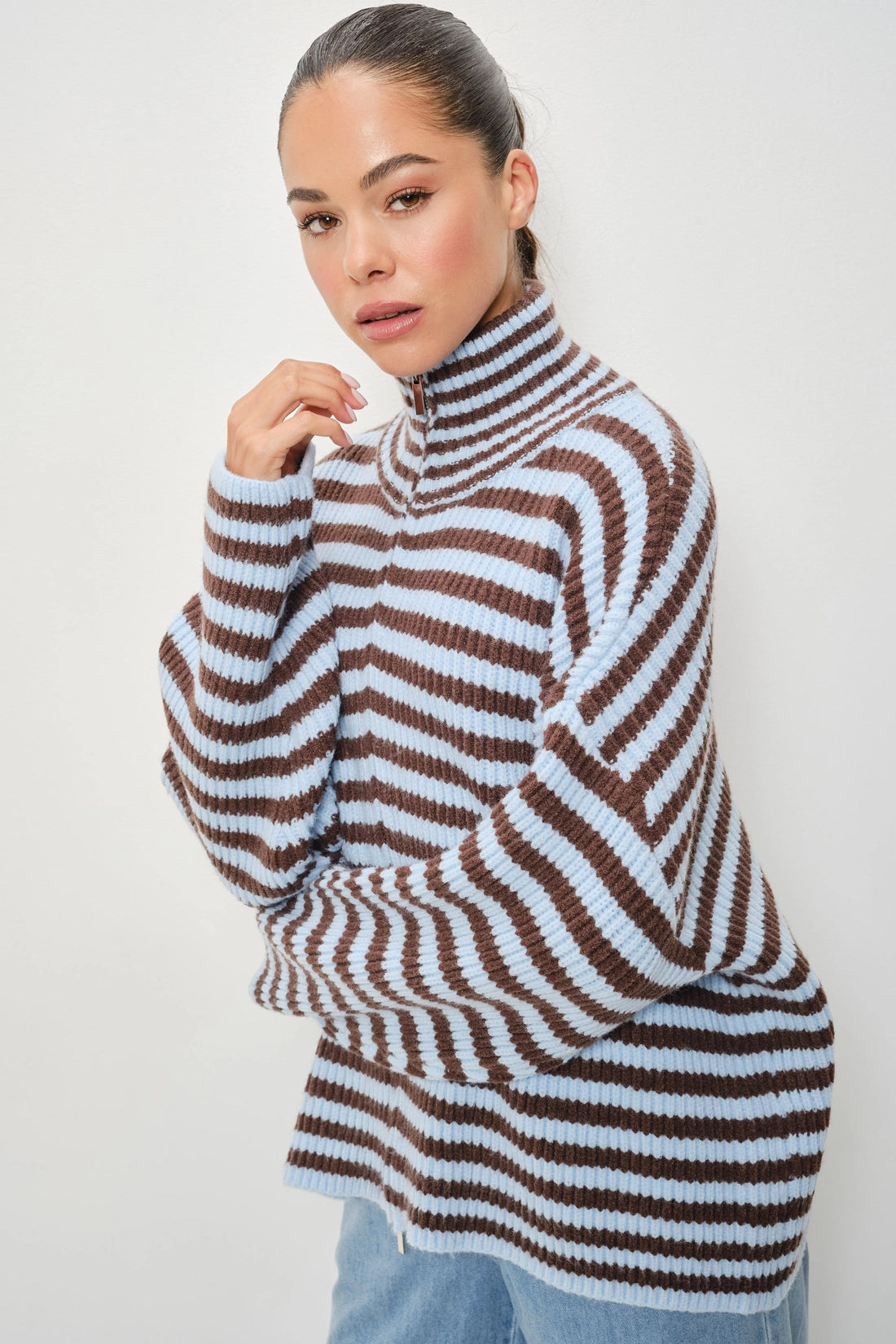 Striped Mock Neck Zip Up