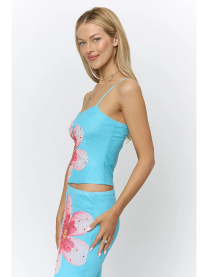 Mesh Floral Rhinestone Cami & Skirt