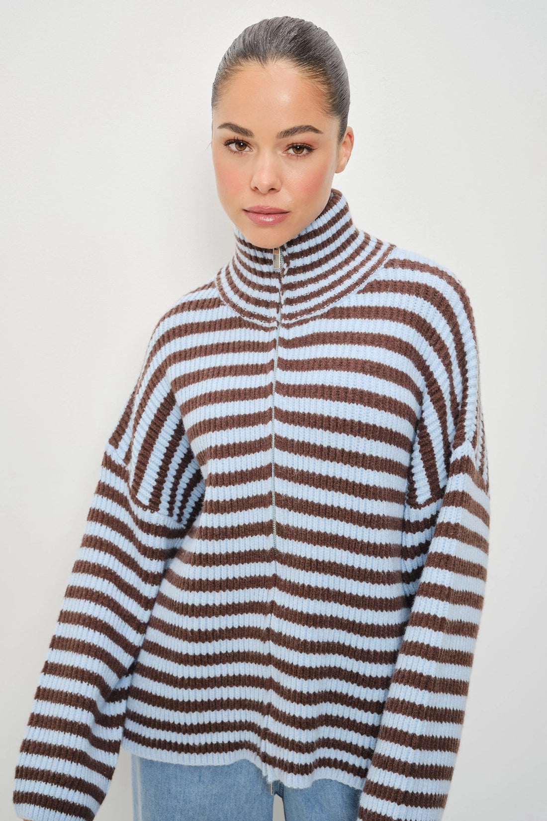 Striped Mock Neck Zip Up