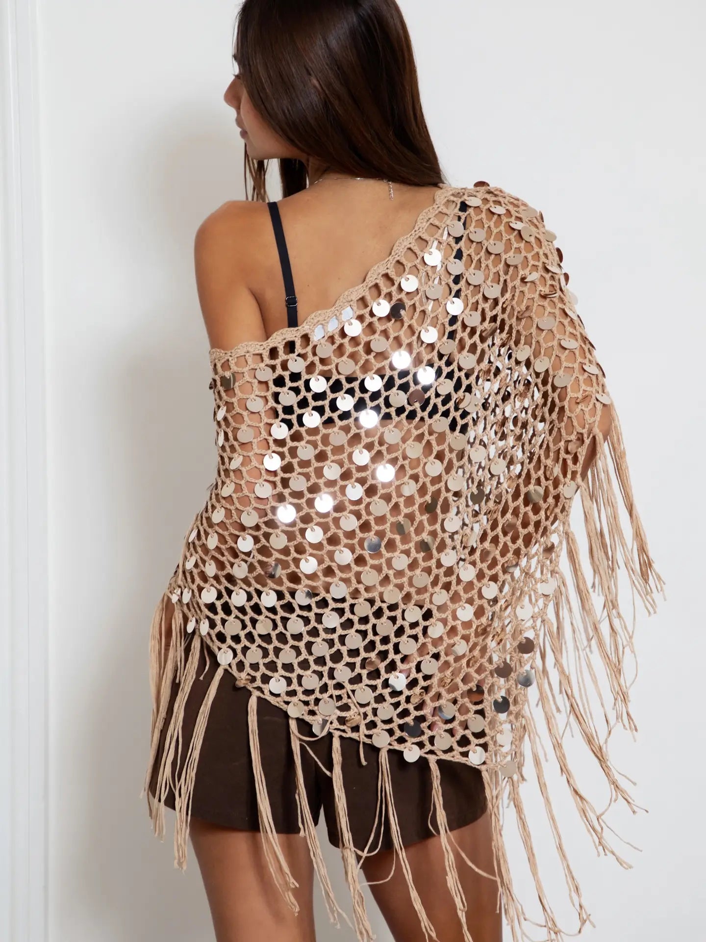 Sequin Open Crochet Fringe Knit Poncho