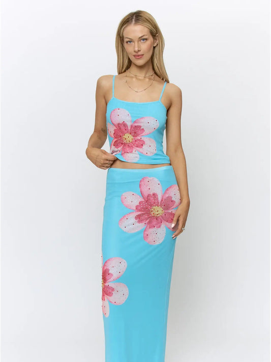 Mesh Floral Rhinestone Cami & Skirt