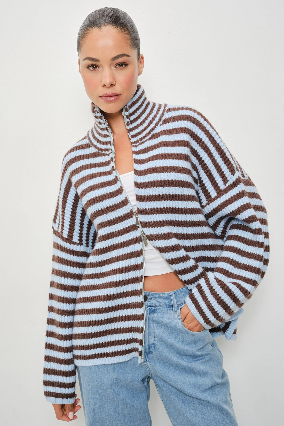 Striped Mock Neck Zip Up