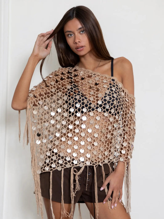 Sequin Open Crochet Fringe Knit Poncho
